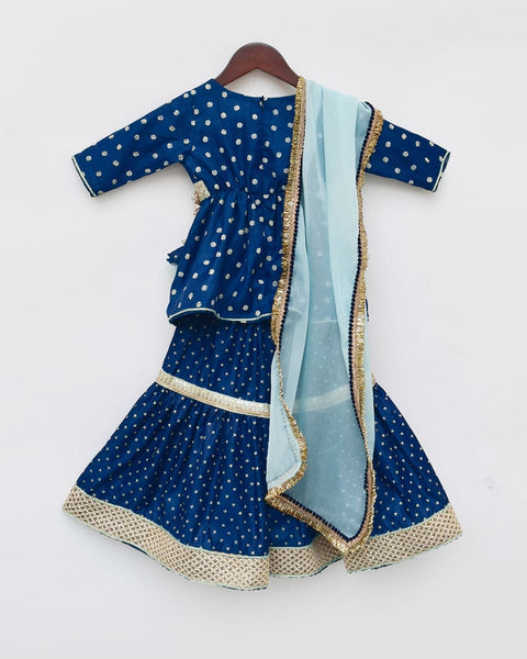 Pre-Order: Dark Blue Printed Kurti Sharara and Blue Dupatta