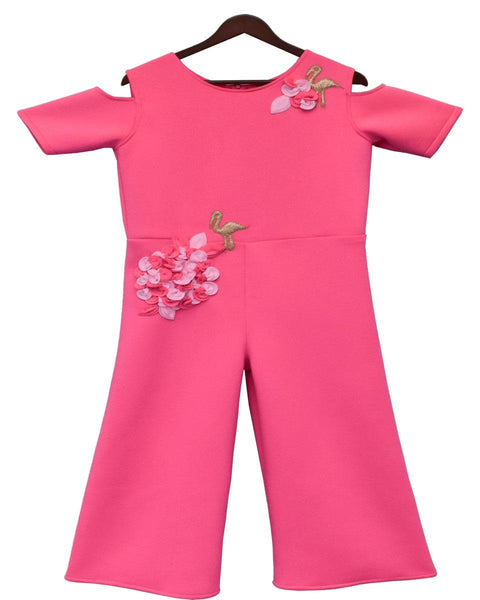 Pre-Order: Candy Pink Lycra Jumpsuit with 3D Flowers and Flamingo