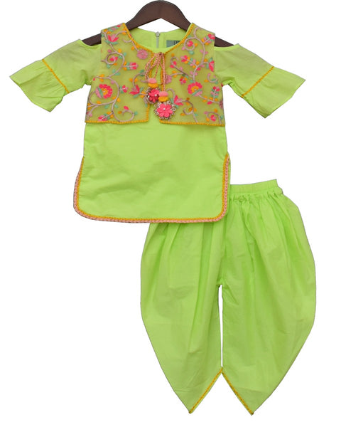 Pre-Order: Neon Green Kurti and Dhoti with Embroidery Jacket