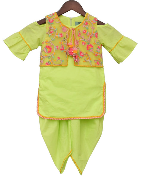 Pre-Order: Neon Green Kurti and Dhoti with Embroidery Jacket