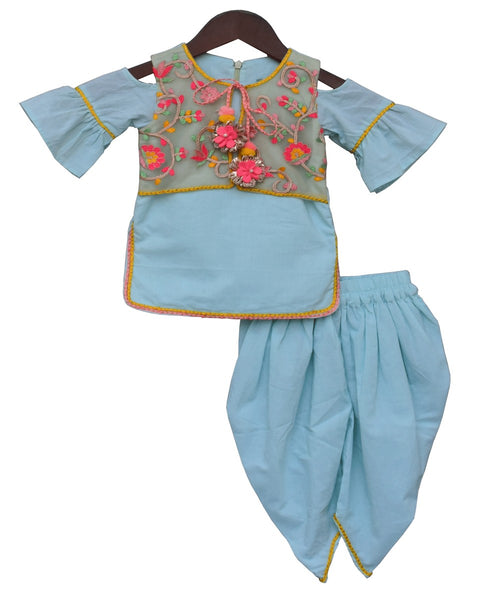 Pre-Order: Sky Blue Kurti and Dhoti with Embroidery Jacket