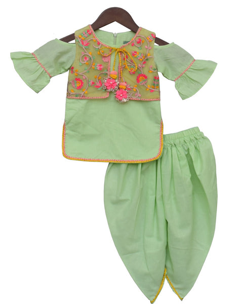 Pre-Order: Pista Green  Kurti and Dhoti with Embroidery Jacket