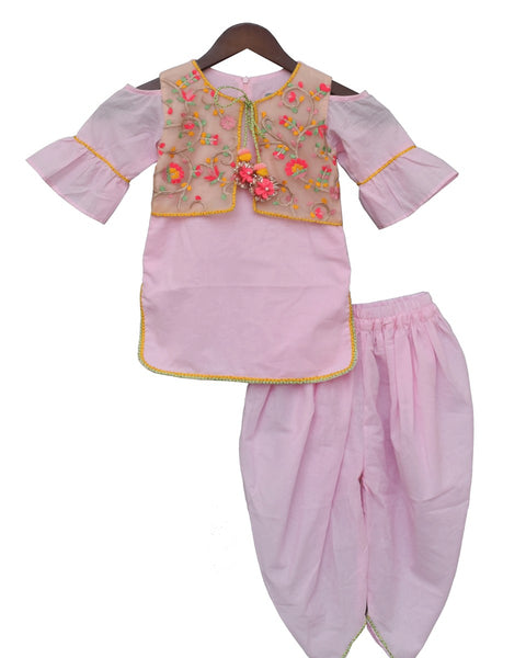 Pre-Order: Pink Kurti and Dhoti with Embroidery Jacket