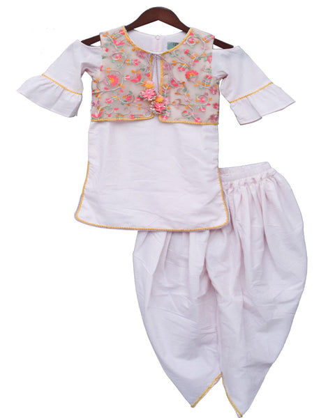 Pre-Order: Peach Kurti and Dhoti with Embroidery Jacket