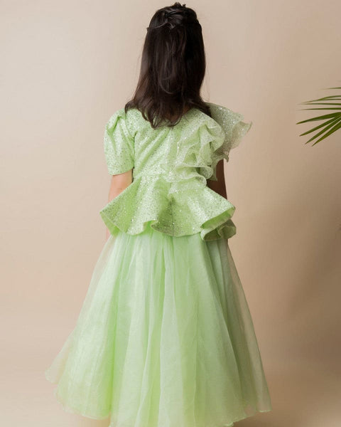 Pre-Order: Green Sequins Ruffle Ghagra