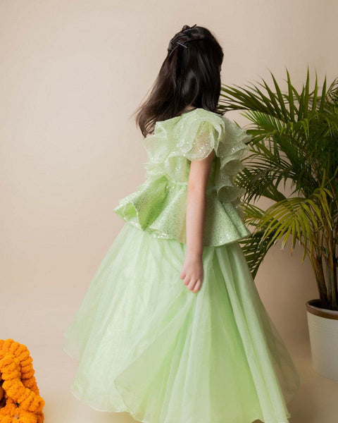 Pre-Order: Green Sequins Ruffle Ghagra