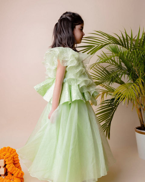 Pre-Order: Green Sequins Ruffle Ghagra
