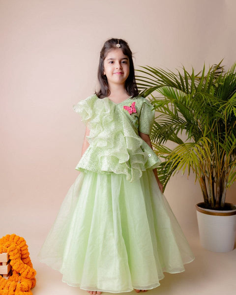 Pre-Order: Green Sequins Ruffle Ghagra