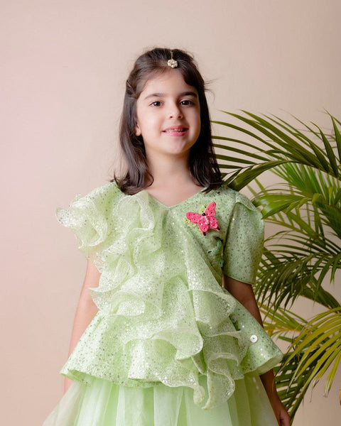 Pre-Order: Green Sequins Ruffle Ghagra