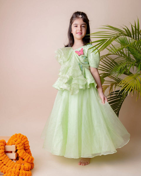 Pre-Order: Green Sequins Ruffle Ghagra