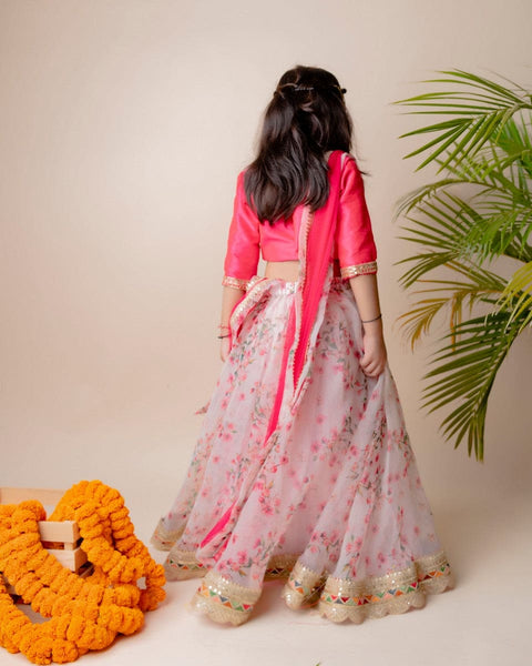 Pre-Order: Pink Floral Organza Ghagra