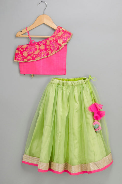 Pink One-Shoulder Top with Green Lehenga