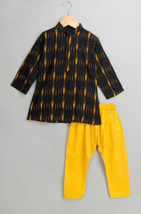 Black Ikat Kurta with Yellow Pajama and Printed Jacket