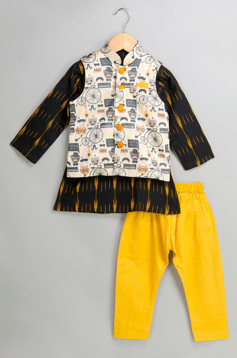 Black Ikat Kurta with Yellow Pajama and Printed Jacket
