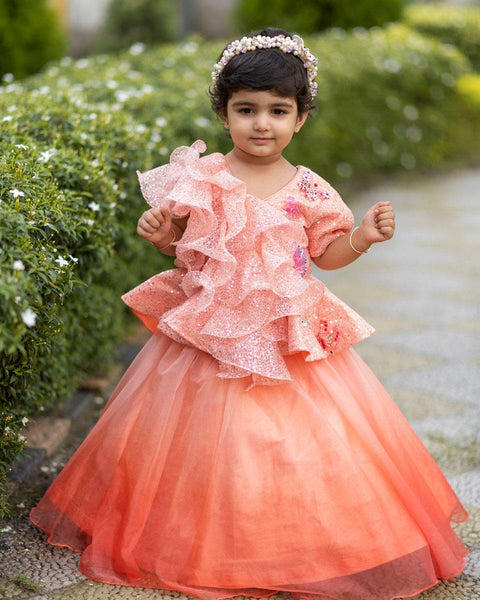 Pre-Order: Peach Ruffle Organza Ghagra