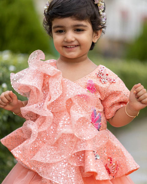 Pre-Order: Peach Ruffle Organza Ghagra