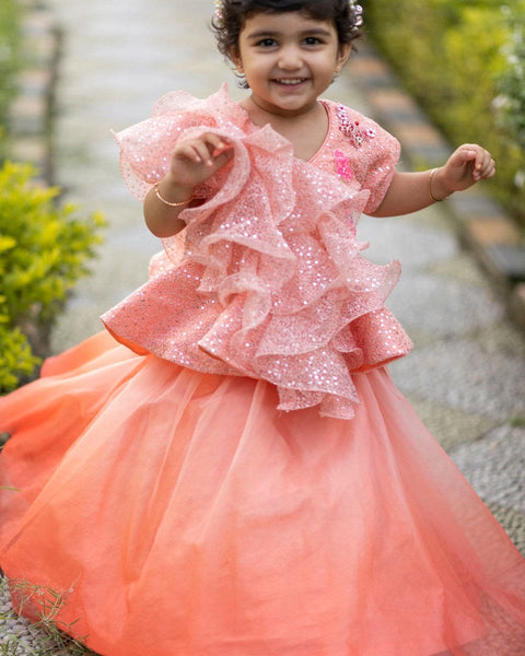 Pre-Order: Peach Ruffle Organza Ghagra