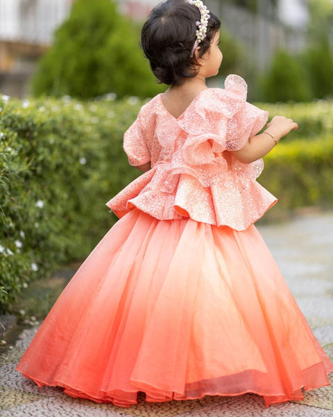 Pre-Order: Peach Ruffle Organza Ghagra