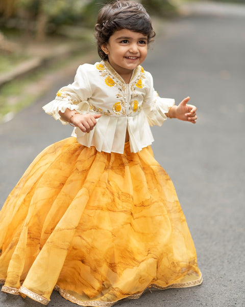 Pre-Order: Yellow Murble Print Ghagra