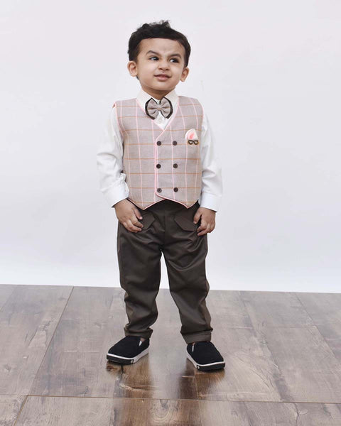 Pre-Order: Dusty Brown Check Waist Coat with White Shirt and Pant