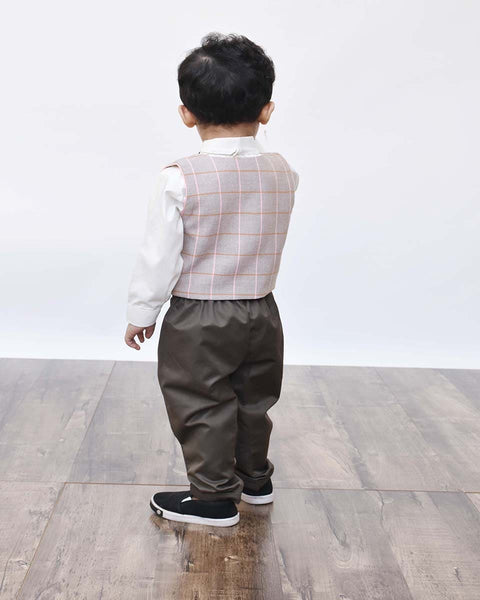 Pre-Order: Dusty Brown Check Waist Coat with White Shirt and Pant