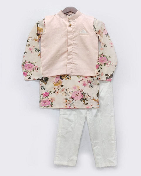 Pre-Order: Floral Print Kurta with Peach Jacket and Pants