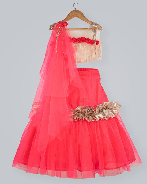 Pre-Order: Golden/Pink Ghagra Choli with frill