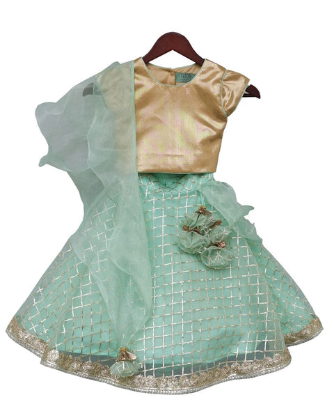 Pre-Order: Golden Choli with Aqua Green Gota Lehenga