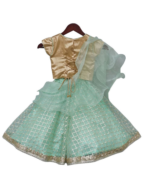 Pre-Order: Golden Choli with Aqua Green Gota Lehenga