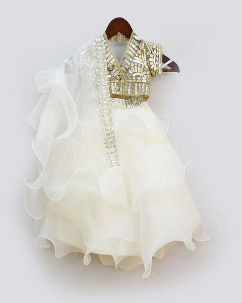 Pre-Order: Golden Blouse with White Organza Lehenga and Dupatta