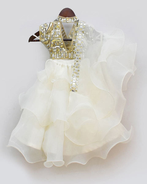 Pre-Order: Golden Blouse with White Organza Lehenga and Dupatta