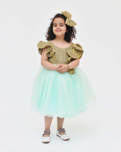 Pre-Order: Golden Shimmer and Aqua Glitter Net Frock