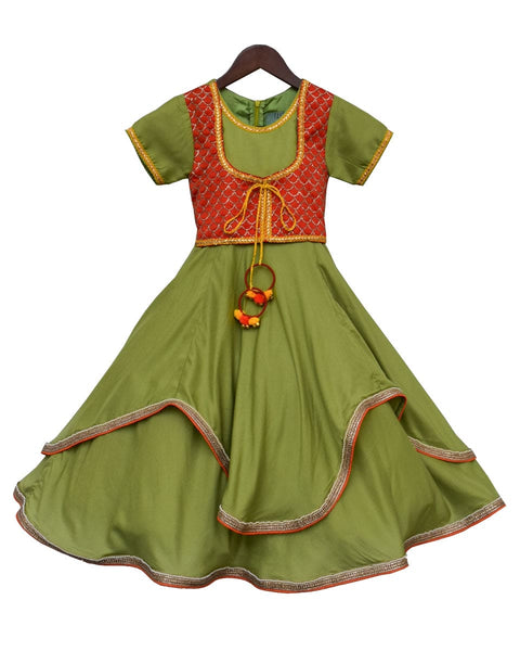Pre-Order: Green Anarkali Dress with attached Embroidery Jacket