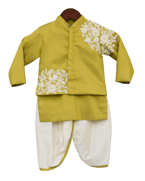 Pre-Order: Green Embroidery Jacket with Kurta & Dhoti