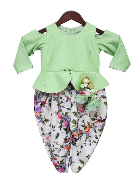 Pre-Order: Green Mirror work Peplum with Printed Dhoti