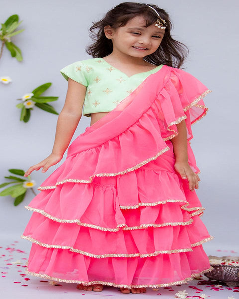 Pre-Order: Green Embroidery Choli with Pink Saree