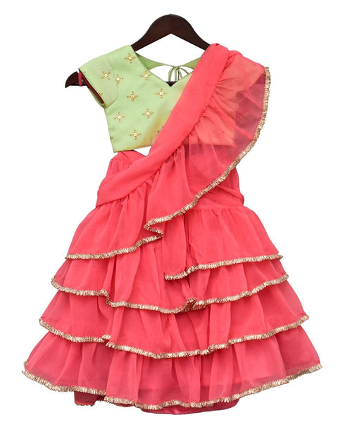 Pre-Order: Green Embroidery Choli with Pink Saree