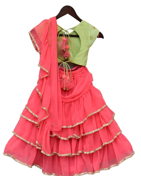 Pre-Order: Green Embroidery Choli with Pink Saree