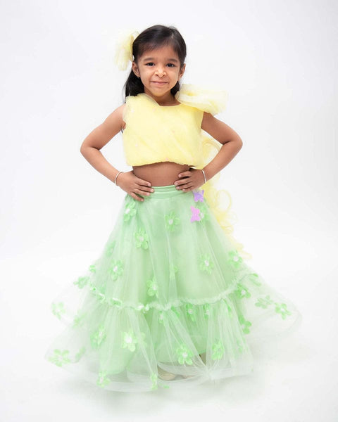 Pre-Order: Green Flowers Net Lehenga with Yellow Net Choli