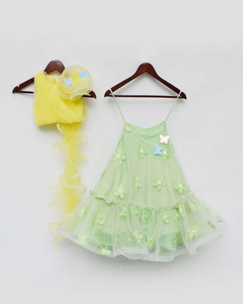 Pre-Order: Green Flowers Net Lehenga with Yellow Net Choli