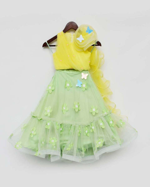 Pre-Order: Green Flowers Net Lehenga with Yellow Net Choli