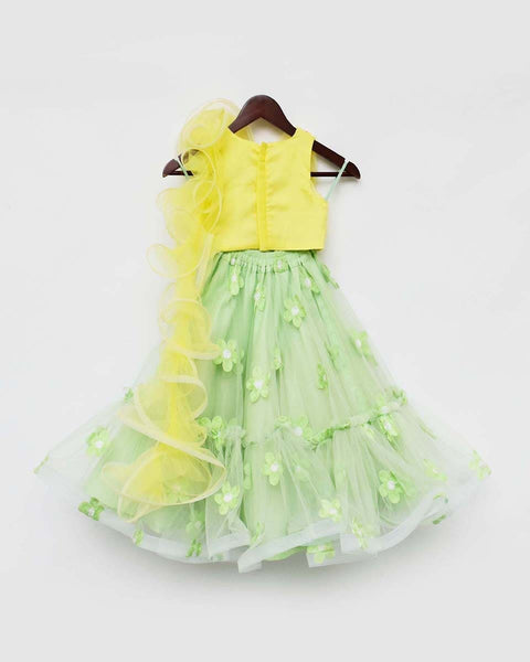 Pre-Order: Green Flowers Net Lehenga with Yellow Net Choli