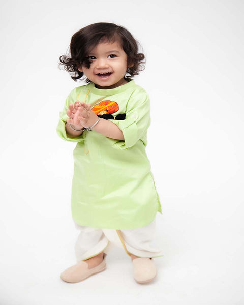 Pre-Order: Green Kurta with Off White Dhoti Set