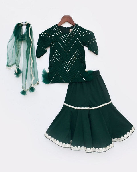 Pre-Order: Green Mirror and Thread work Kurti and Sharara