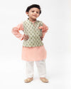 Pre-Order: Green Print Jacket with Peach Kurta Set