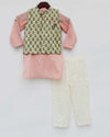 Pre-Order: Green Print Jacket with Peach Kurta Set