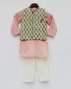 Pre-Order: Green Print Jacket with Peach Kurta Set