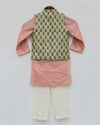 Pre-Order: Green Print Jacket with Peach Kurta Set