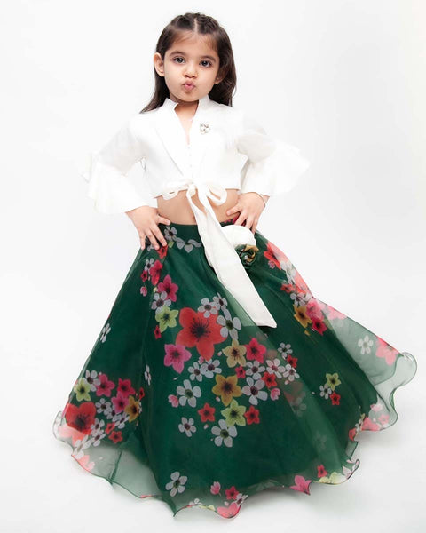 Pre-Order: Green Printed Organza Lehenga with Tie Knotted Top