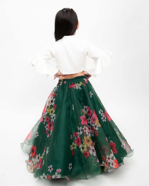 Pre-Order: Green Printed Organza Lehenga with Tie Knotted Top